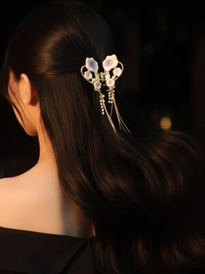 Delicate Purple-Flower Hair Pin with Pearl Tassels – Elegant Bridal & Party Hair Accessory for Women