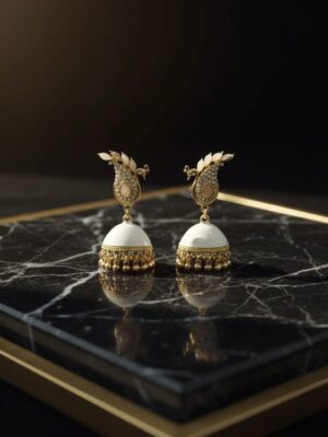 Elegant White & Gold Jhumka Earrings for Women – Traditional Indian Party Wear Jewelry with Kundan & Meenakari Detailing
