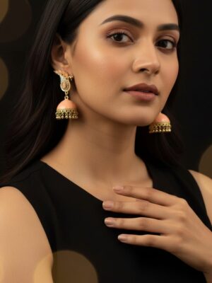 Peach Peacock Jhumka Earrings  Gold Plated Traditional Party Wear Jewelry