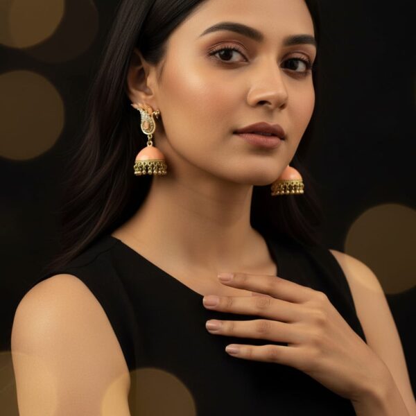 Peach Peacock Jhumka Earrings  Gold Plated Traditional Party Wear Jewelry