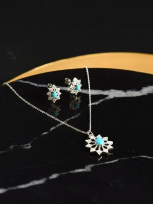 Turquoise Starburst Necklace & Earrings Set – Sterling Silver Floral Jewelry for Women, Elegant Gift for Her