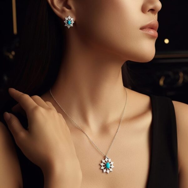 Turquoise Starburst Necklace & Earrings Set – Sterling Silver Floral Jewelry for Women, Elegant Gift for Her