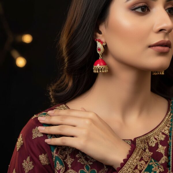 Red Peacock Jhumka Earrings Gold Plated Traditional Party Wear Jewelry