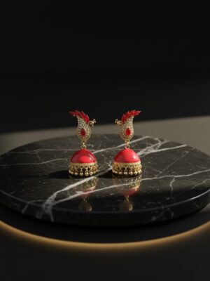 Red Peacock Jhumka Earrings Gold Plated Traditional Party Wear Jewelry