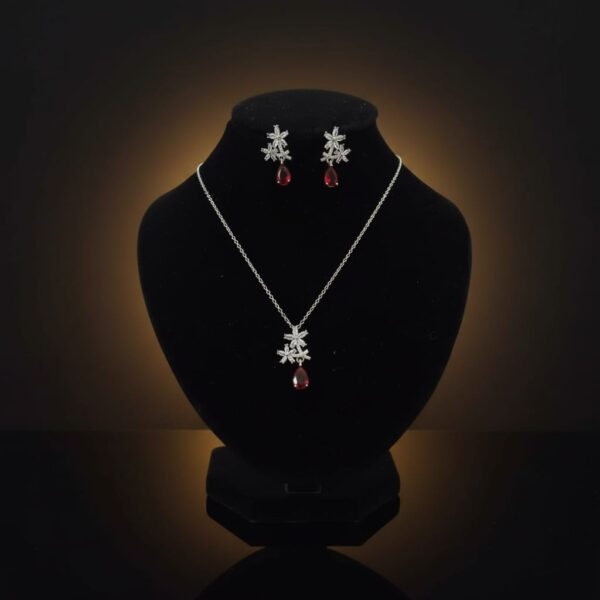 Silver Red Teardrop Pendant Necklace and Earrings Set  Crystal Party Wear Jewelry