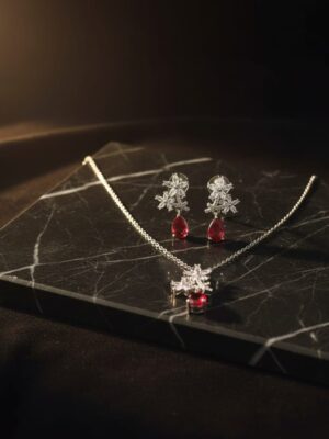 Silver Red Teardrop Pendant Necklace and Earrings Set  Crystal Party Wear Jewelry