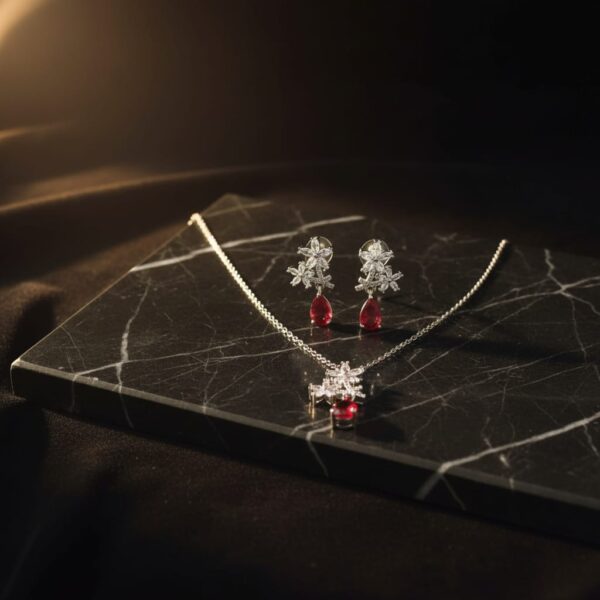 Silver Red Teardrop Pendant Necklace and Earrings Set  Crystal Party Wear Jewelry