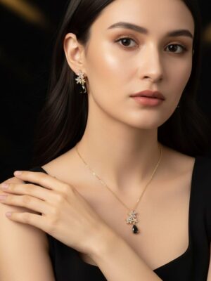 Golden  Black Teardrop Pendant Necklace and Earrings Set  Crystal Party Wear Jewelry