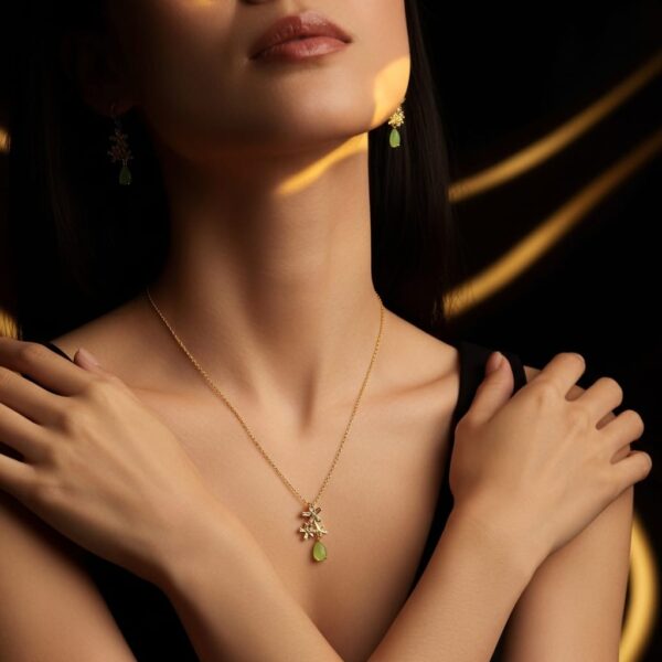 Gold Green Teardrop Pendant Necklace and Earrings Set – Party Wear Jewelry