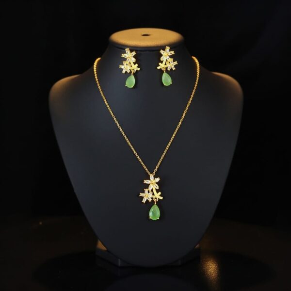 Gold Green Teardrop Pendant Necklace and Earrings Set – Party Wear Jewelry