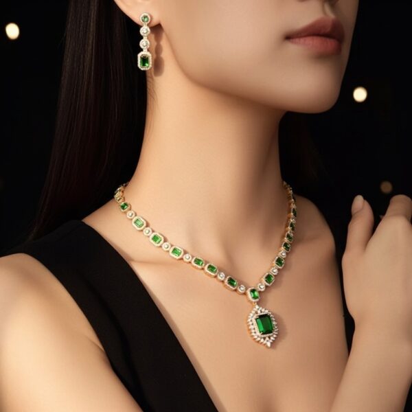 Emerald Green Stone Necklace and Earrings Set 1  carat Indian Gold Plated Party Wear Jewelry