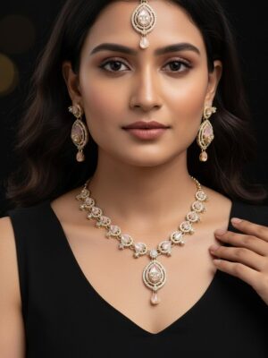 Elegant Gold & Pink Bridal Jewelry Set with Maang Tikka for  Wedding | Luxury Necklace, Earrings