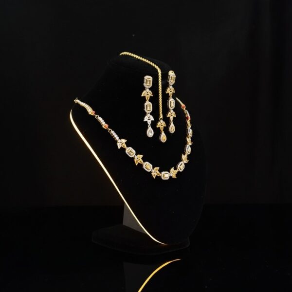 Elegant Gold plated 1 carat indian CZ Jewelry Set - Necklace, Earrings & Maang Tikka