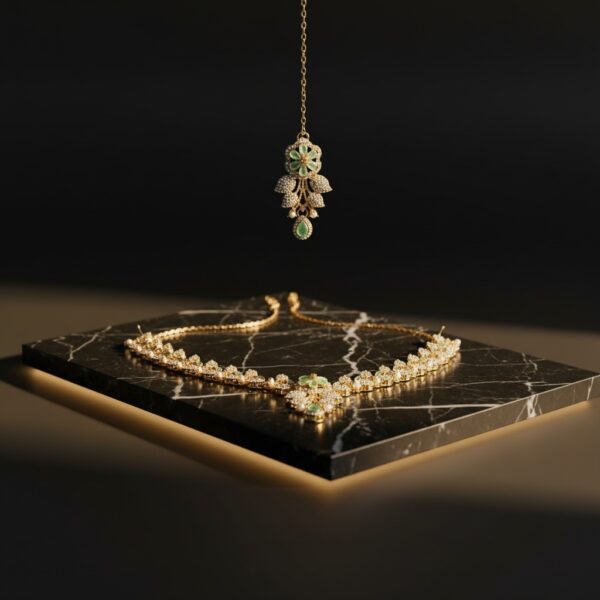 Emerald & Gold Floral  Jewelry necklace with Maang Tikka | Asian Wedding Necklace & Earrings