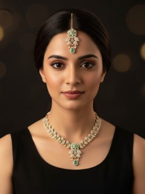 Emerald & Gold Floral  Jewelry necklace with Maang Tikka | Asian Wedding Necklace & Earrings