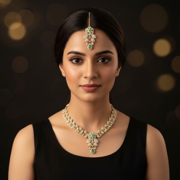 Emerald & Gold Floral  Jewelry necklace with Maang Tikka | Asian Wedding Necklace & Earrings