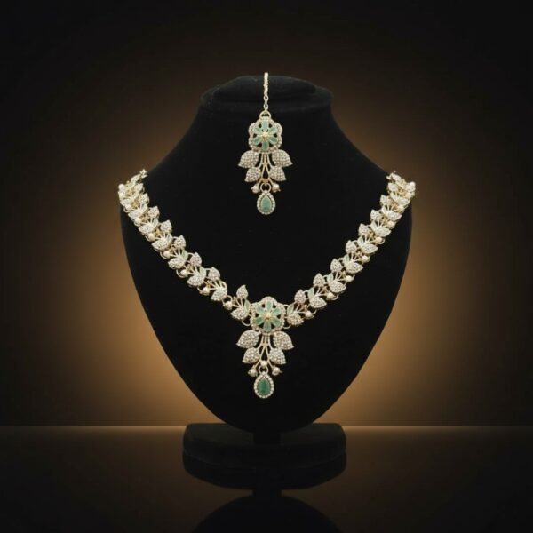 Emerald & Gold Floral  Jewelry necklace with Maang Tikka | Asian Wedding Necklace & Earrings