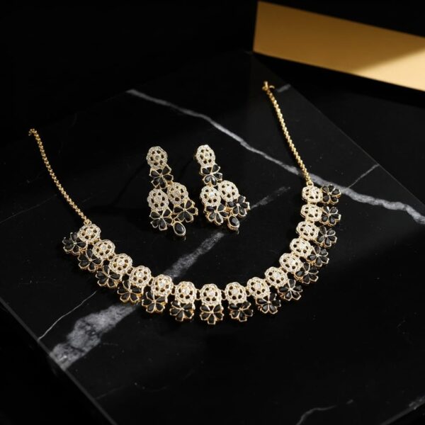 Elegant Black & Golden Floral Necklace Set with Matching Earrings | Modern Ethnic Jewelry