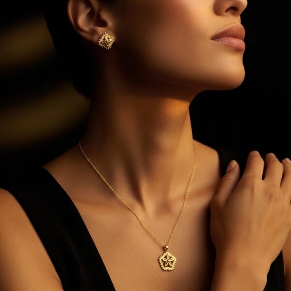 Gold Starburst Pendant Necklace and Stud Earrings Set Minimal Everyday Jewelry