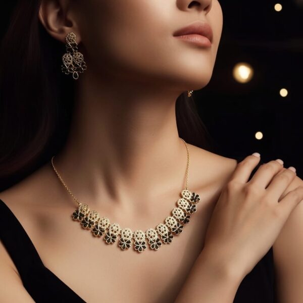 Gold Flower Necklace and Earrings Set – Black Enamel Party Wear Jewelry