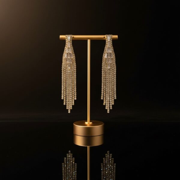 Dull Golden Rectangular Crystal Fringe Dangle Earrings - Dramatic Bridal & Evening Statement Jewelry