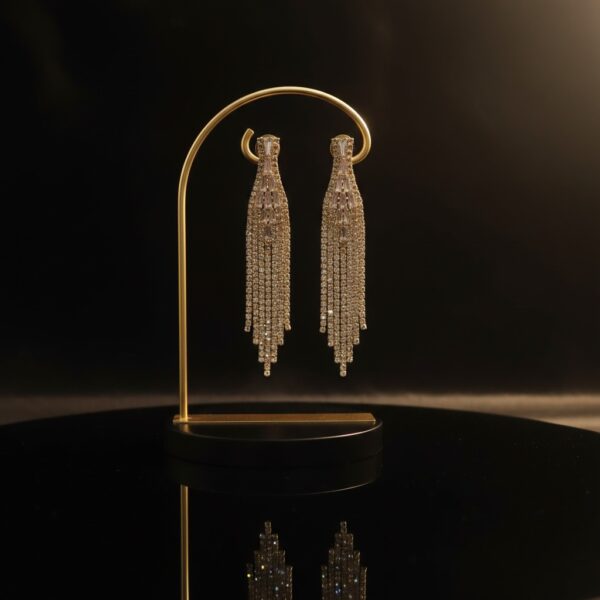 Dull Golden Rectangular Crystal Fringe Dangle Earrings - Dramatic Bridal & Evening Statement Jewelry