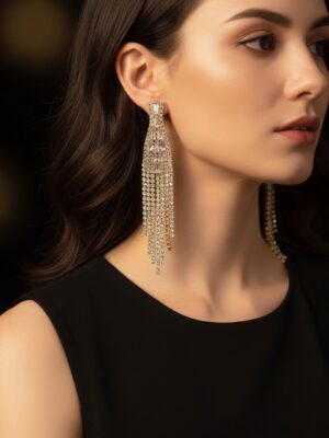 Dull Golden Rectangular Crystal Fringe Dangle Earrings - Dramatic Bridal & Evening Statement Jewelry