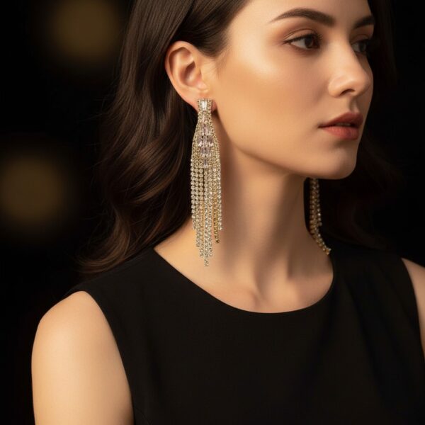 Dull Golden Rectangular Crystal Fringe Dangle Earrings - Dramatic Bridal & Evening Statement Jewelry