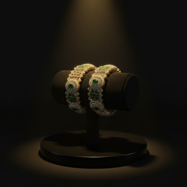 Emerald & Diamond-Look Kundan Cuff Bangle Set for Women – Luxury Indian Bridal Jewelry with Gold Finish & Green Stones