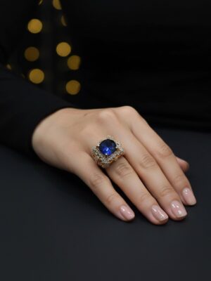 Gold Plated Blue Stone Ring 6gm with Indian Zircon | Designer Ring for Women
