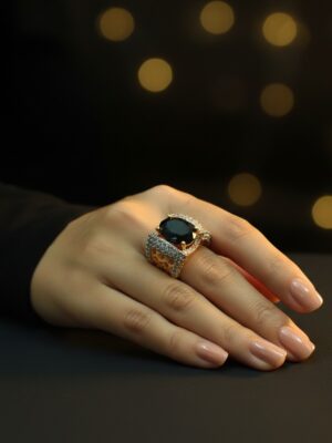 Gold Plated black Stone Ring 6gm with Indian Zircon | Designer Ring for Women