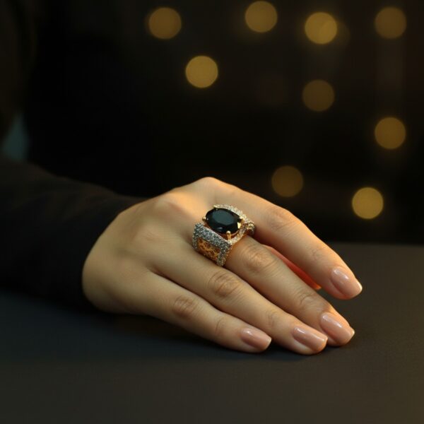 Gold Plated black Stone Ring 6gm with Indian Zircon | Designer Ring for Women
