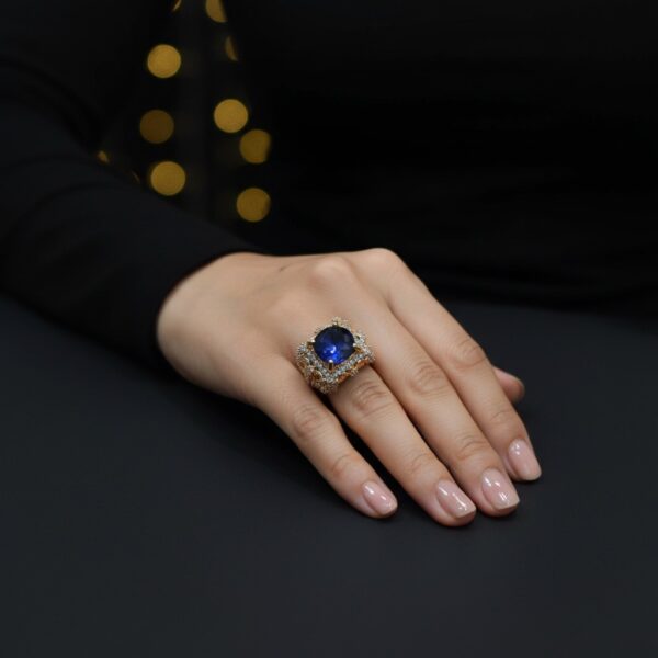 Gold Plated Blue Stone Ring 6gm with Indian Zircon | Designer Ring for Women