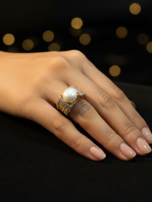 Indian Zircon Stone Ring 6.5gm - Traditional Ethnic Designer Ring for Women | white Stone Gold Plated Ring | Pakistani Indian Jewelry