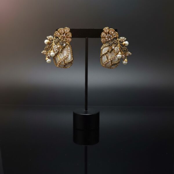 Luxurious Turkish Style Earrings - Ottoman Gold Floral Chandelier Earrings with Pearls & Crystals - Handcrafted Traditional Turkish Bridal Jewelry for Women