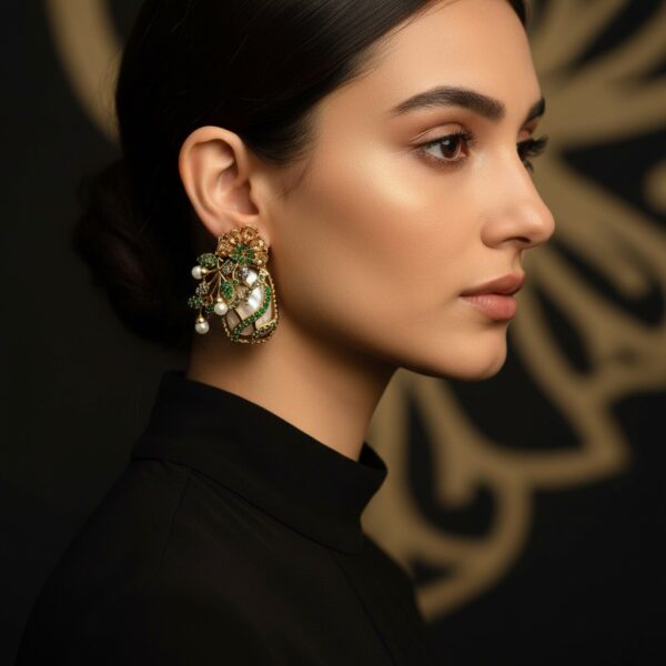 WhatsApp Image 2026-02-10 at 10.11.52 PM Turkish Style Imported Statement Earrings - Gold Ottoman Chandelier Earrings with Green Gemstones & Pearls | Traditional Ethnic Jewelry