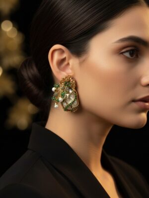 Turkish Style Imported Statement Earrings - Gold Ottoman Chandelier Earrings with Green Gemstones & Pearls | Traditional Ethnic  Jewelry