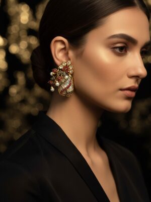 Luxurious Turkish Style Earrings - Ottoman Inspired Floral Drop Earrings with Red Stones & Pearls - High-End Bridal Jewelry for Women - Traditional Gold Tone Statement Earrings