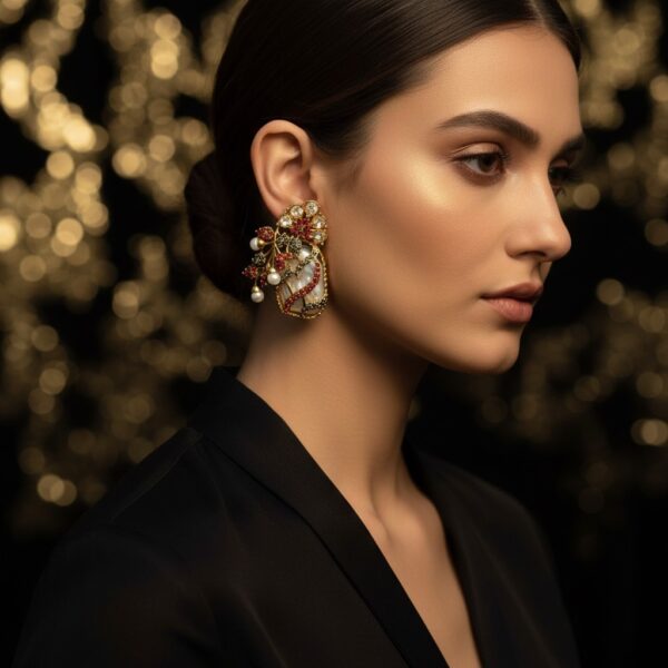 Luxurious Turkish Style Earrings - Ottoman Inspired Floral Drop Earrings with Red Stones & Pearls - High-End Bridal Jewelry for Women - Traditional Gold Tone Statement Earrings