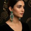 Royal Indian Style Statement Earrings - Silver Tone Green Stone & Polki Chandelier Earrings with Pearls | Bridal & Party Wear Jewelry