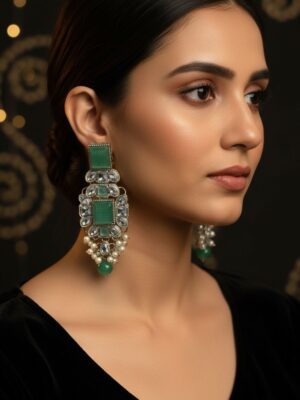 Royal Indian Style Statement Earrings - Silver Tone Green Stone & Polki Chandelier Earrings with Pearls | Bridal & Party Wear Jewelry