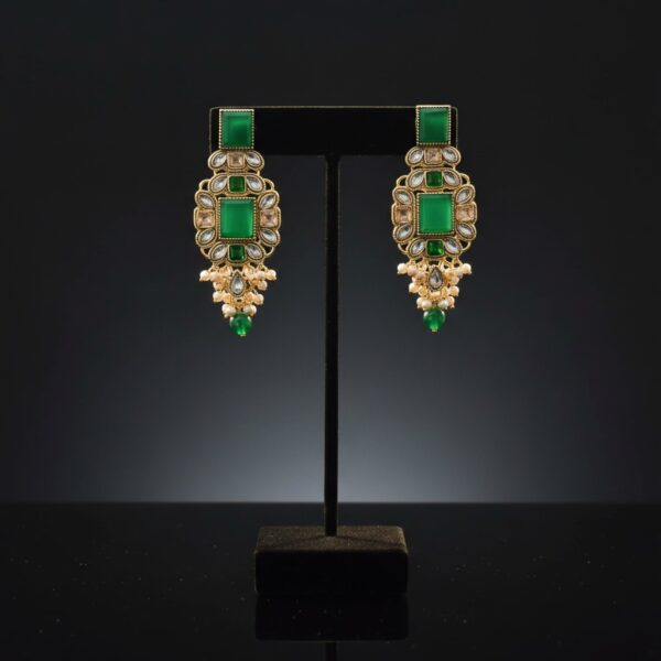 Luxury Indian Kundan Chandelier Earrings - Gold Green Stone Polki Pearl Drop Earrings for Bridal Wedding Party Wear | Traditional Ethnic Jewelry