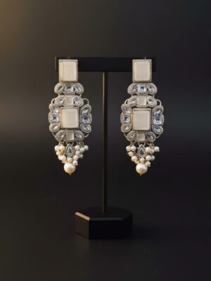 Indian Turkish Style Kundan Chandelier Earrings - White Stone Pearl Drop Earrings Gold Plated Bridal Wedding Jewelry | Ottoman Inspired Statement Earrings