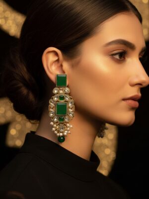 Luxury Indian Kundan Chandelier Earrings - Gold Green Stone Polki Pearl Drop Earrings for Bridal Wedding Party Wear | Traditional Ethnic Jewelry