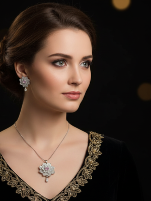 Elegant Floral Diamond Necklace Set with Matching Earrings | Silver Jewelry Set for Women | Bridal Party Wear Necklace Set with Pink Gemstone Center