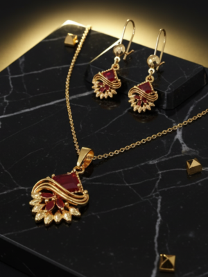 Traditional Gold Plated Ruby Red Stone Necklace Set with Matching Earrings | Indian Bridal Jewelry Set | Fan Design Pendant Necklace for Women | Wedding Party Wear Jewelry