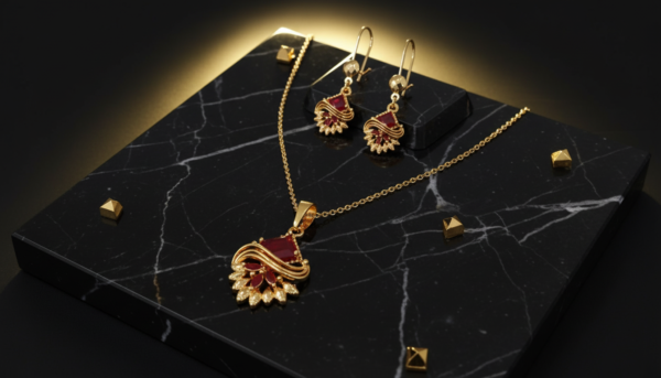 Traditional Gold Plated Ruby Red Stone Necklace Set with Matching Earrings | Indian Bridal Jewelry Set | Fan Design Pendant Necklace for Women | Wedding Party Wear Jewelry