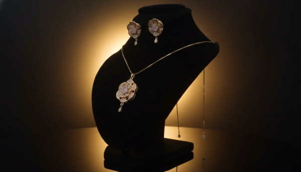 Vintage Floral Gold Plated Necklace Set with White Stone | Antique Filigree Design Pendant with Matching Drop Earrings | Bridal Wedding Party Wear Jewelry Set for Women