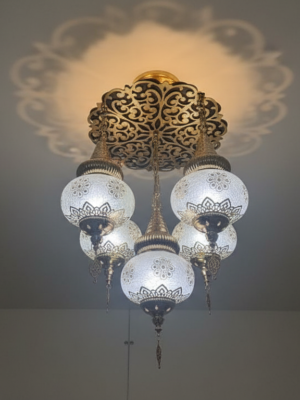 Turkish Mosaic Chandelier 6-Light Ottoman Glass Globe Pendant Lamp - Handcrafted Moroccan Style Ceiling Light Fixture for Living Room, Dining Room, Bedroom