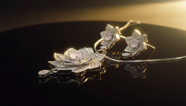 5e0a5250-33ff-4c32-afaa-aec29db786e2 Elegant Floral Diamond Necklace Set with Matching Earrings | Silver Jewelry Set for Women | Bridal Party Wear Necklace Set with Pink Gemstone Center